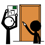 pittogramma arasaac con due omini che attaccano un cartello alla parete