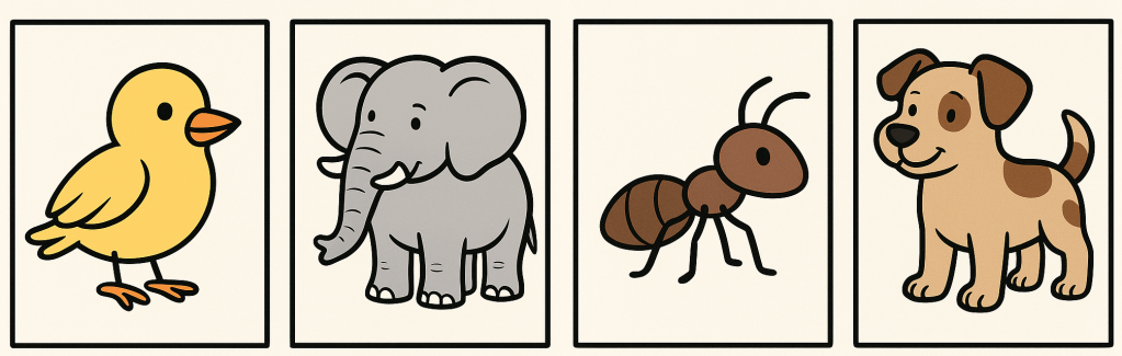 rappresentazione con tratto fumettistico di un uccello, un elefante, una formica e un cane